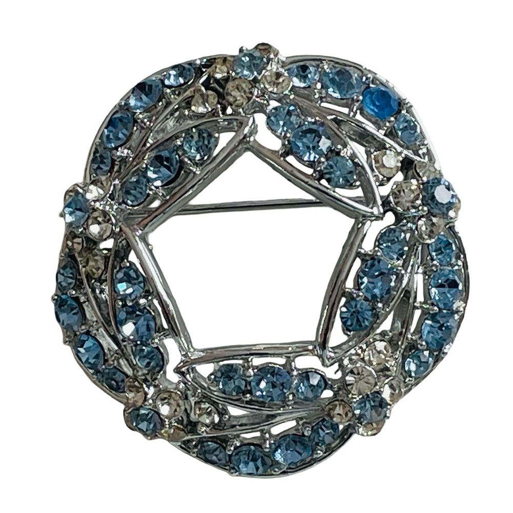 Vintage Mid-Century Silver Tone Brooch With Pale Sapphire And Clear Rhinestones
